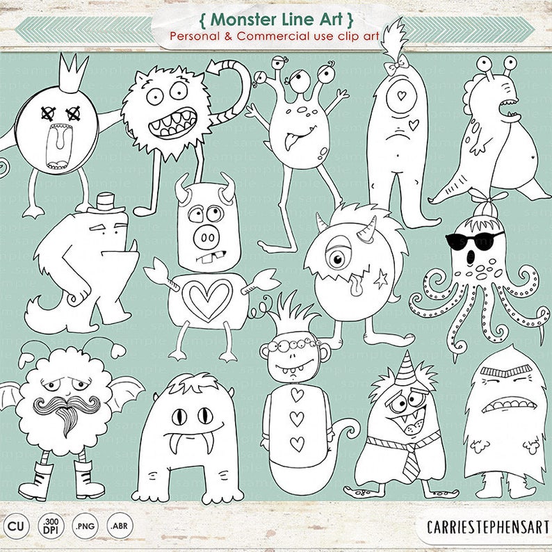 Monster Digital Stamps. PNG Black Line Art, Silly Monster Doodles, Children ClipArt, Hand Embroidery Graphics Photoshop Brush image 2