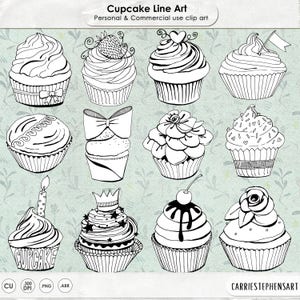 Niedliche Cupcake Line Art, Cup Cake Digital Stempel, Geburtstag ClipArt Schwarz Weiß Illustration, Handgezeichnete digitale Grafiken, PNG Download