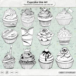 Cute Cupcake Line Art, Cup Cake Digital Stamp, Birthday ClipArt Black and White Illustration, Hand Drawn Digital Graphics, PNG Download