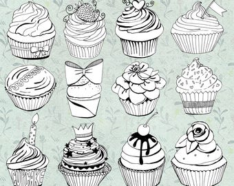 Cute Cupcake Line Art, Cup Cake Digital Stamp, Birthday ClipArt Black and White Illustration, Hand Drawn Digital Graphics, PNG Download