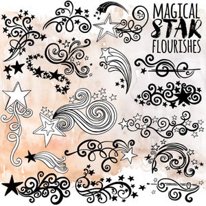 May include: A set of 16 black and white illustrations of stars and swirls. The illustrations are hand-drawn and have a whimsical, magical feel. The text "Magical Star Flourishes" is at the top of the image.