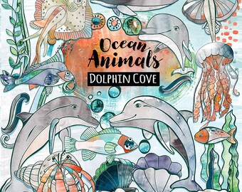 Watercolor Ocean Animal Clip Art,  Dolphin Watercolor ClipArt, StingRay, JellyFish, Under the Sea Graphic Design Download