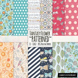 Papier numérique papillon, papier de fond floral printanier, pêche, rose, bleu, sarcelle, pois, usage commercial, téléchargement immédiat papier JPG