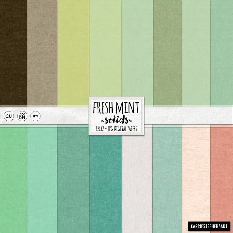 K&ouml;nnte beinhalten: Ein Set mit 12 digitalen Hintergrundpapieren in verschiedenen Gr&uuml;nt&ouml;nen, Braun- und Beiget&ouml;nen. Die Papiere haben eine Leinenstruktur und sind perfekt f&uuml;r Bastel- und Designprojekte. Der Text "FRESH MINT -solids- 12x12 - JPG DIGITAL PAPERS" wird oben im Bild angezeigt.