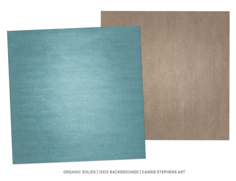 May include: Two textured paper squares, one light blue and one brown, with the text "ORGANIC SOLIDS | 12X12 BACKGROUNDS | CARRIE STEPHENS ART" at the bottom.