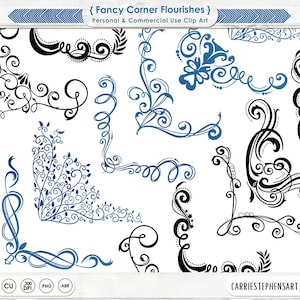May include: A set of 12 black and blue corner flourishes, perfect for adding a decorative touch to your digital designs.  These swirls and curls are ideal for scrapbooking, card making, and digital invitations.
