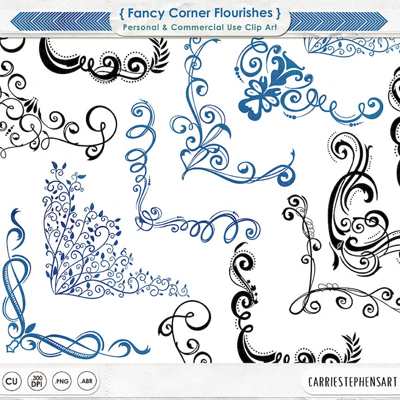 Elegant Swirl Corner Flourishes, Ornate Frame Clip Art Images PhotoShop Brush Silhouette, Romantic Corner ClipArt, Card Making image 1