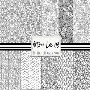 Modern Geometric Digital Paper, Black & White Line Doodle Pattern, Dots and Swirls, Artisan 03, Printable Coloring JPG Scrapbook Background