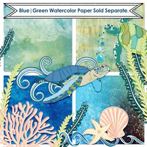 May include: A digital collage featuring two sea turtles, one blue and one green, swimming in a blue and green watercolor background. The image also includes coral, seaweed, and a seashell.