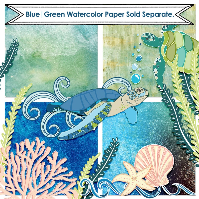 May include: A digital collage featuring two sea turtles, one blue and one green, swimming in a blue and green watercolor background. The image also includes coral, seaweed, and a seashell.