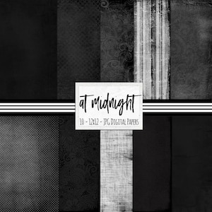 Midnight Black Digital Paper, Charcoal Black Textured Background, Black Swirls, Dots, Black and Grey Printable Paper Download