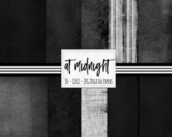 Midnight Black Digital Paper, Charcoal Black Textured Background, Black Swirls, Dots, Black and Grey Printable Paper Download