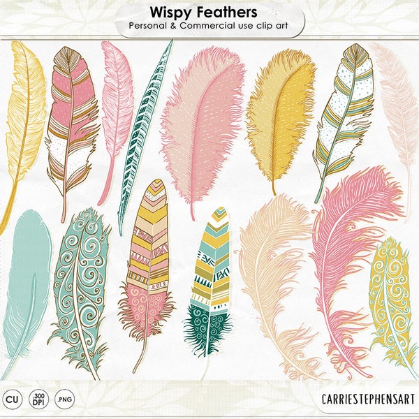 Boho Feather ClipArt, Hand-Drawn PNG Download Printables for Wall Art, Yellow. Pink & Teal Trendy Tribal Digital Planner Graphics