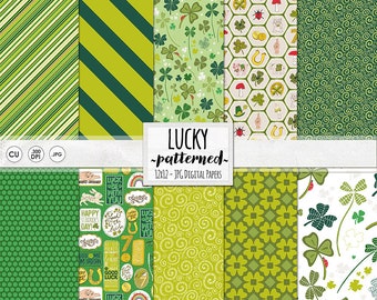 Lucky Green Digital Paper, Clover & Shamrock Pattern Background, Diagonal Stripe Printable Paper Pack, Irish Luck, Saint Patrick