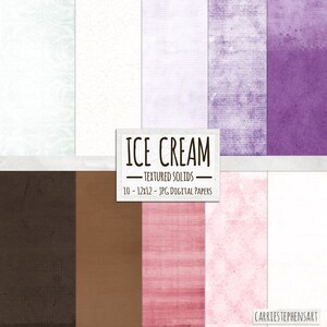 Op de afbeelding: Een digitaal papierpakket met 10 textuurrijke effen achtergronden in verschillende kleuren, waaronder wit, bruin, roze en paars. Het pakket heeft de titel "ICE CREAM - TEXTURED SOLIDS - 10 - 12x12 - JPG DIGITAL PAPERS".