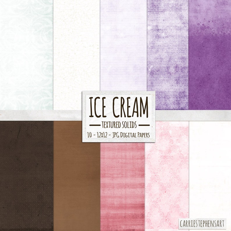 Op de afbeelding: Een digitaal papierpakket met 10 textuurrijke effen achtergronden in verschillende kleuren, waaronder wit, bruin, roze en paars. Het pakket heeft de titel "ICE CREAM - TEXTURED SOLIDS - 10 - 12x12 - JPG DIGITAL PAPERS".