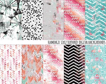 Flamingo Digital Paper Patterns, Pink, Black Shabby Chic Scrapbook Paper, Printable Collage Backgrounds | Scrapbook & Mixed Media