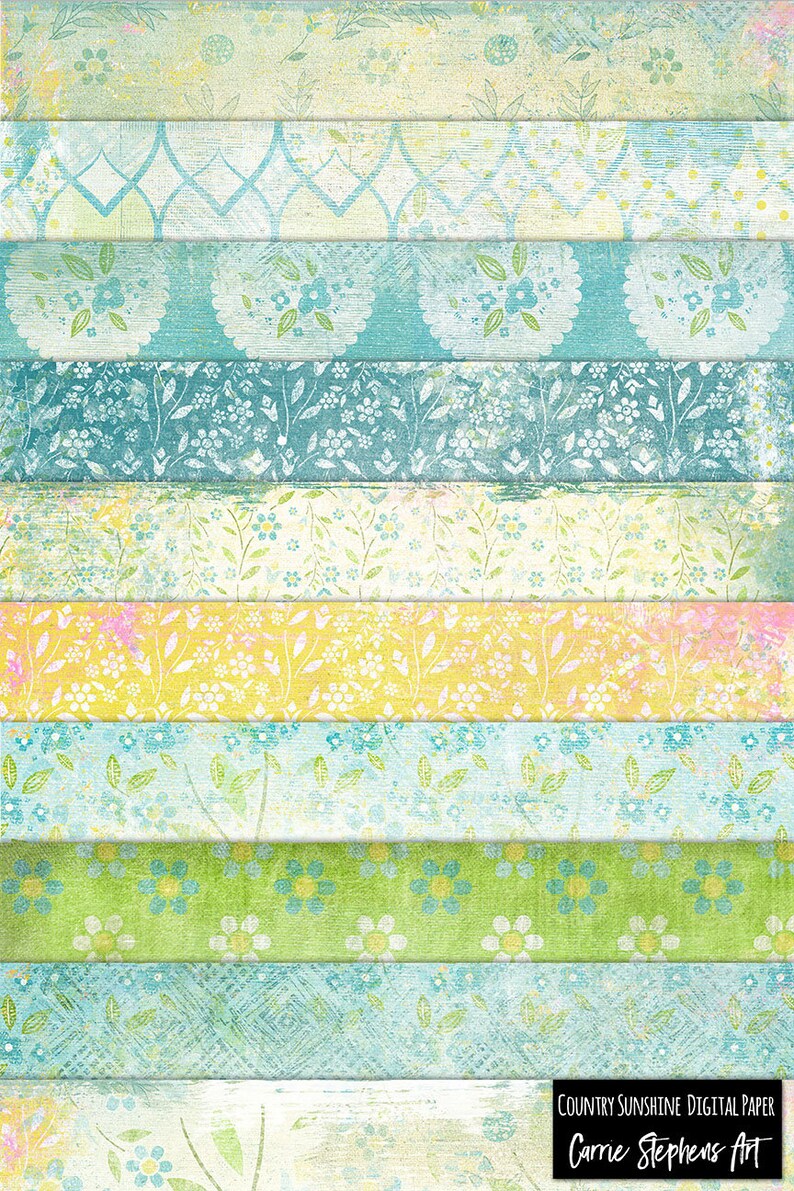 Op de afbeelding: Een set van 12 digitale papieren met verschillende bloemenpatronen in tinten blauw, groen, geel en wit. De papieren hebben een vintage, verweerde uitstraling en zijn perfect voor scrapbooking, kaartmaken en andere knutselprojecten.  COUNTRY SUNSHINE DIGITAL PAPER Carrie Stephens Art