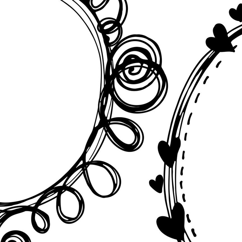 May include: Two black and white circular frames with decorative borders. One frame has a swirl design and the other has a dashed line and hearts.