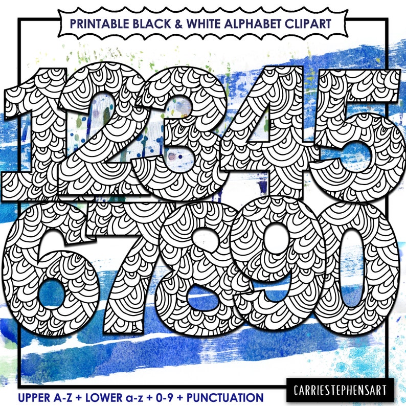 May include: Black and white printable clipart of the numbers 1 through 0. Each number is filled with a swirling, patterned design.