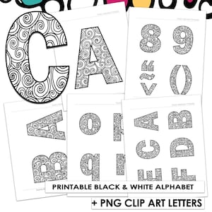 May include: Printable black and white alphabet letters with a swirling pattern. The letters are in uppercase and are arranged in a grid. The text "PRINTABLE BLACK & WHITE ALPHABET + PNG CLIP ART LETTERS" is at the bottom of the image.
