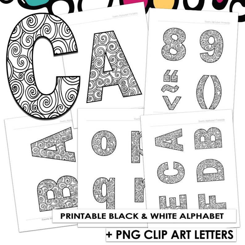 May include: Printable black and white alphabet letters with a swirling pattern. The letters are in uppercase and are arranged in a grid. The text "PRINTABLE BLACK & WHITE ALPHABET + PNG CLIP ART LETTERS" is at the bottom of the image.