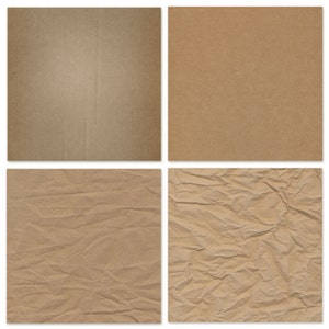 May include: Four different textures of brown paper. The first is a smooth, flat surface. The second is a slightly textured surface. The third is a crumpled surface. The fourth is a heavily crumpled surface.
