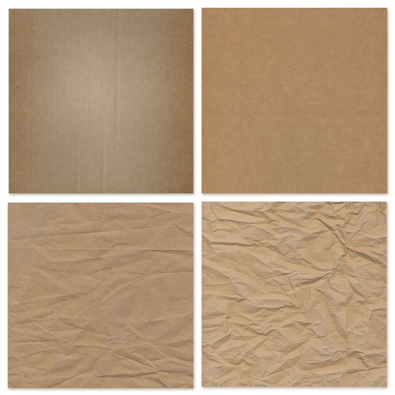 May include: Four different textures of brown paper. The first is a smooth, flat surface. The second is a slightly textured surface. The third is a crumpled surface. The fourth is a heavily crumpled surface.
