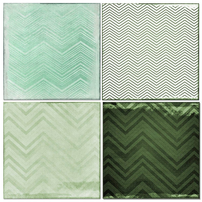 May include: Four different patterned squares with a chevron design. The top left square is a light blue with a white chevron pattern. The top right square is white with a black chevron pattern. The bottom left square is a light green with a white chevron pattern. The bottom right square is a dark green with a black chevron pattern.