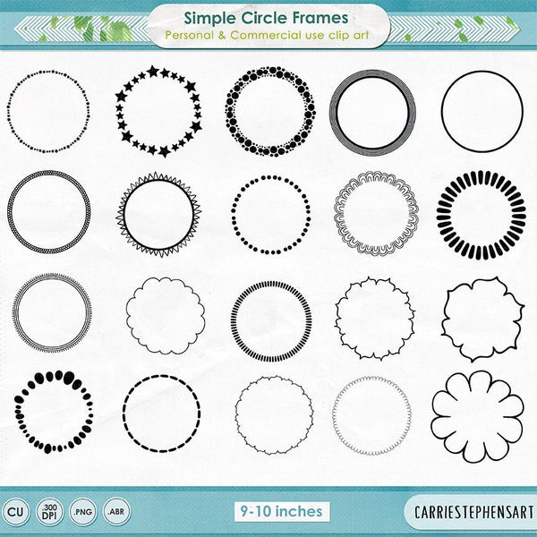 Simple Circle Frames, 9 inch Round Clip Art Border Digital Stamp Scalloped Circle Frame Photoshop Brush, Dot Frame Border & Zig Zag