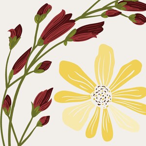 May include: A yellow flower with five petals and a brown centre, surrounded by a branch of burgundy flowers with green stems and leaves.
