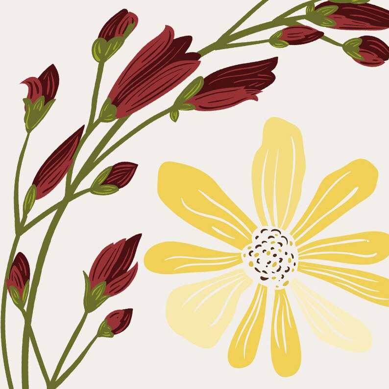 May include: A yellow flower with five petals and a brown centre, surrounded by a branch of burgundy flowers with green stems and leaves.