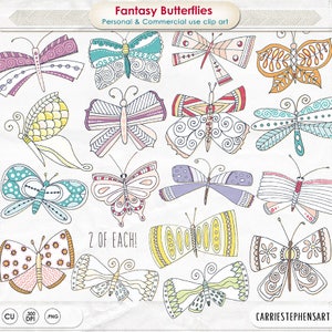 Fantasy Schmetterling Clip Art, wunderliche handgezeichnete Bilder, märchenhafte Schmetterlinge Sofortiger Download PNG, Kommerzielle Nutzung Digitale Grafiken
