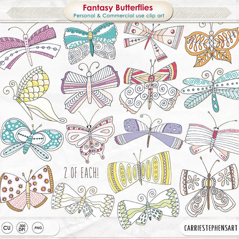 May include: A set of 12 hand-drawn butterfly illustrations in various colors and patterns. The butterflies are in a variety of poses, with some facing forward and others facing sideways. The butterflies are all outlined in black and have a whimsical, doodle-like style. The text "Fantasy Butterflies" and "2 of Each!" is included in the image.
