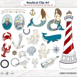 Nautical Mermaid ClipArt PNG Images, Lighthouse & Beach Digital Graphics, Under the Sea Party Clip Art, Summer Vacation image 1