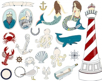 Nautical Mermaid ClipArt PNG Images, Lighthouse & Beach Digital Graphics, Under the Sea Party Clip Art, Summer Vacation