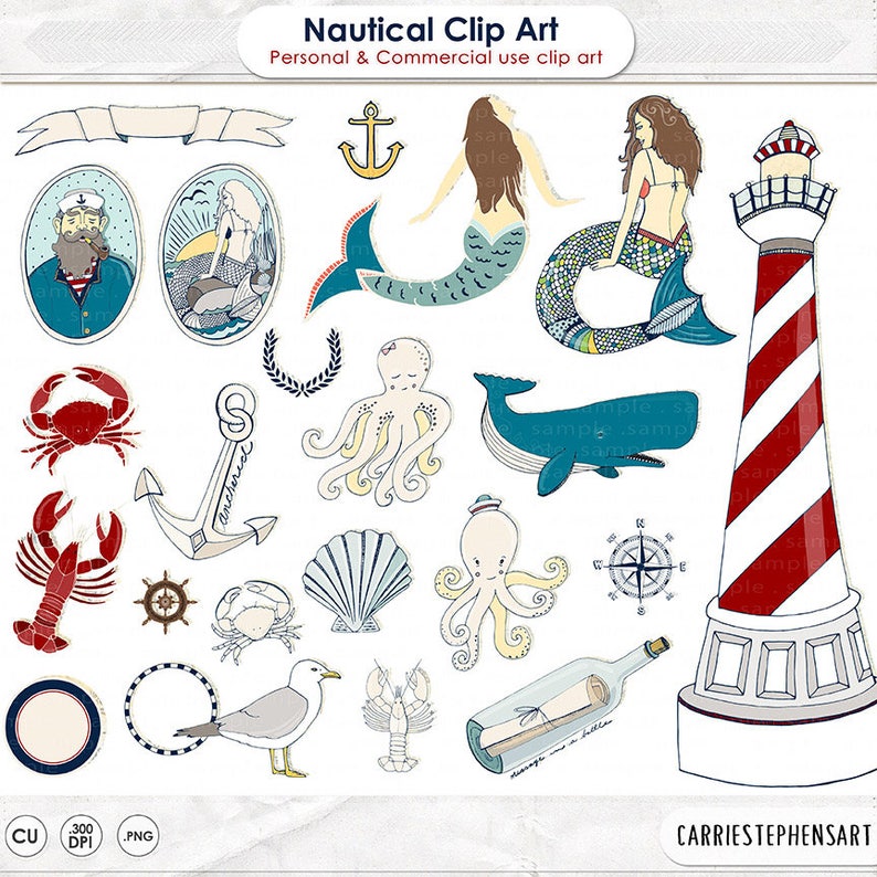 Nautical Mermaid ClipArt PNG Images, Lighthouse & Beach Digital Graphics, Under the Sea Party Clip Art, Summer Vacation image 1