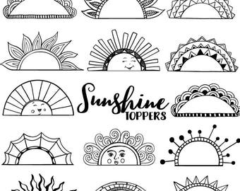Printable Label ClipArt Tabs, Art Journal Graphic Border Frame, Black Line Art Doodle, Summer Sun, Happy Face, Commercial Use Download