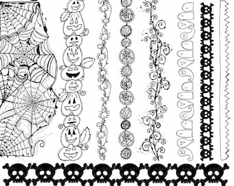 Clipart de borda de Halloween, rabiscos de teia de aranha, clipart digital desenhado à mão de Halloween, aranhas, abóboras, caveiras e rabiscos de arte gráfica PNG