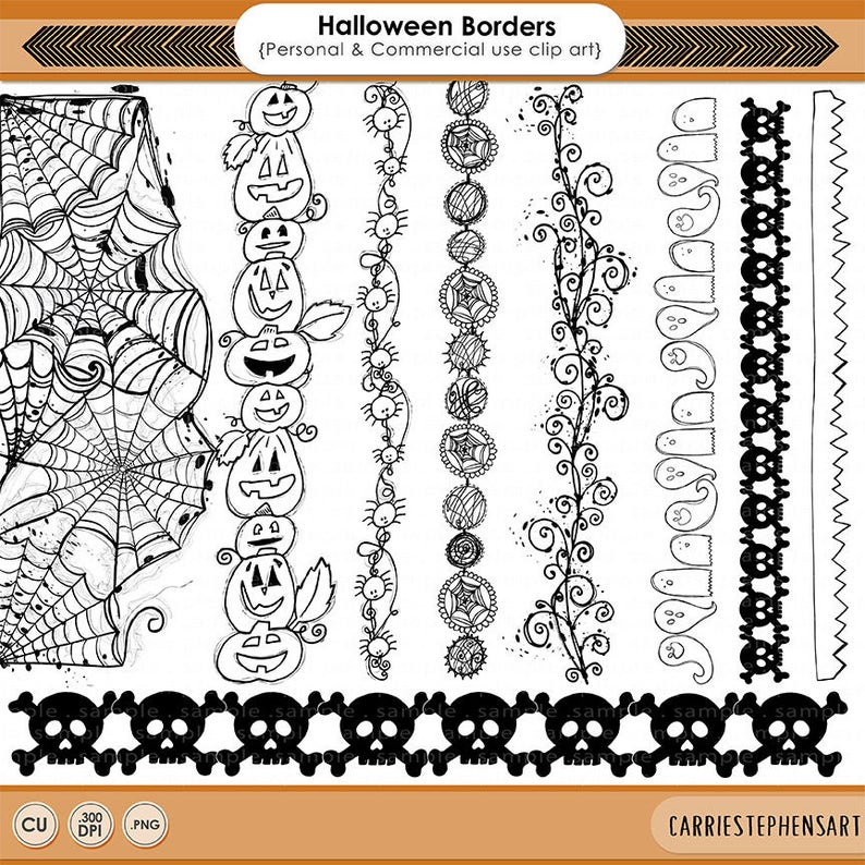 Halloween Border ClipArt, Spider Web Doodles, Hand Drawn Halloween Digital Clip Art, Spiders, Pumpkins, Skulls & PNG Graphic Art Doodles image 1