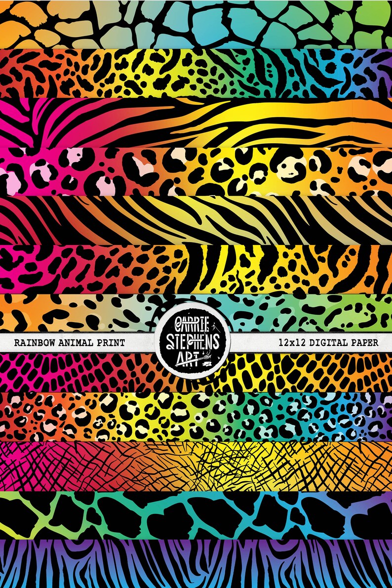 May include: A digital paper design featuring a variety of rainbow-colored animal prints, including leopard spots, zebra stripes, and giraffe patterns. The design includes the text "Rainbow Animal Print" and "12x12 Digital Paper" with the artist's name.