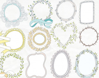 Frame & Label Clip Art, Whimsical Decorative Borders, Foliage and Laurel Doodle Designs, Hand-drawn Graphics