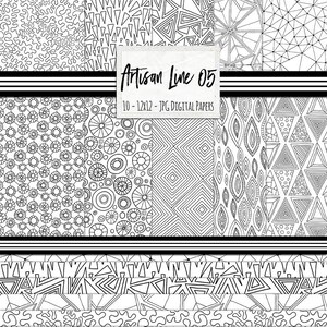 Puede incluir: Conjunto de 10 papeles digitales con patrones geom&eacute;tricos en blanco y negro. Los patrones incluyen c&iacute;rculos, tri&aacute;ngulos, cuadrados y l&iacute;neas. Los papeles miden 30,5 x 30,5 cm y son perfectos para scrapbooking, creaci&oacute;n de tarjetas y otros proyectos de manualidades. Artisan Line 05 - Papeles digitales JPG