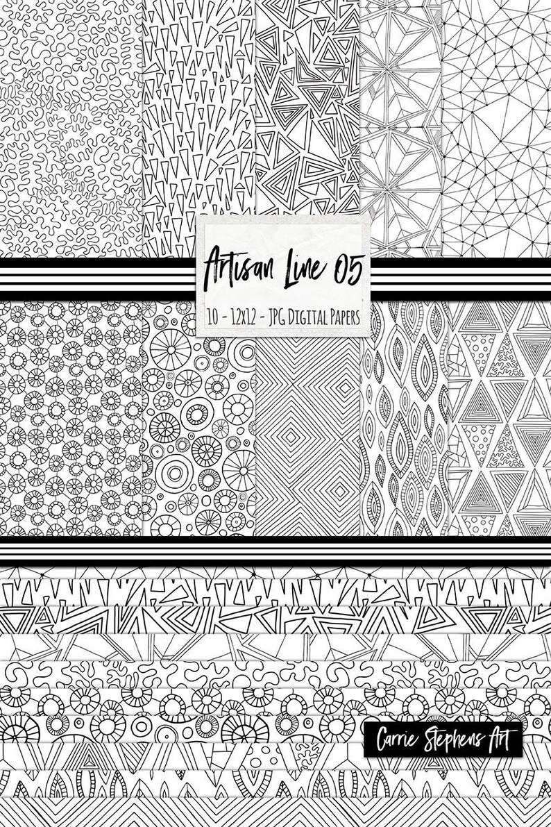 Puede incluir: Conjunto de 10 papeles digitales con patrones geom&eacute;tricos en blanco y negro. Los patrones incluyen c&iacute;rculos, tri&aacute;ngulos, cuadrados y l&iacute;neas. Los papeles miden 30,5 x 30,5 cm y son perfectos para scrapbooking, creaci&oacute;n de tarjetas y otros proyectos de manualidades. Artisan Line 05 - Papeles digitales JPG