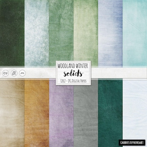 May include: Twelve digital papers in various shades of green, blue, brown, gray, and purple. The papers have a textured, watercolor-like appearance. The text "Woodland Winter Solids 12x12 - JPG Digital Papers" is displayed on the image.