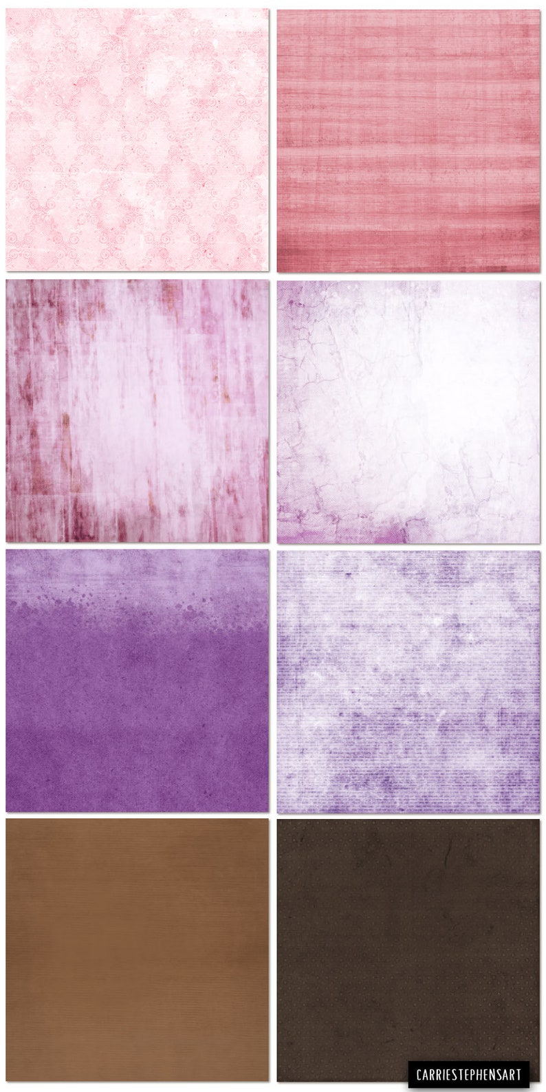Op de afbeelding: Een set van 8 digitale papiertexturen in verschillende tinten roze, paars en bruin. De texturen zijn verweerd en hebben een vintage uitstraling.