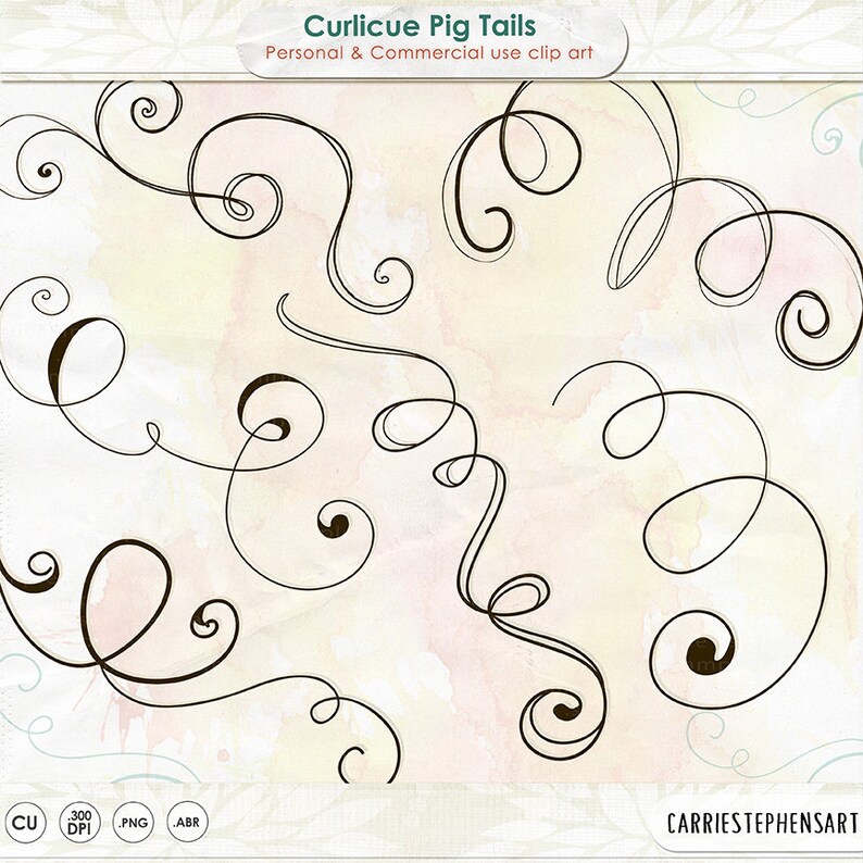 May include: A set of 10 black and white curlicue pig tails, also known as swirls or flourishes, on a watercolour background. These decorative elements can be used for scrapbooking, card making, and other craft projects.