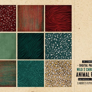 K&ouml;nnte beinhalten: Set mit 15 digitalen Papieren mit Tiermuster in Rot, Gr&uuml;n und Gelb. Die Muster umfassen Leopard-, Zebra- und Tigermuster. Die Papiere sind 30,5 cm x 30,5 cm gro&szlig; und haben eine hohe Aufl&ouml;sung im JPG-Format.
