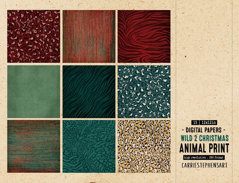K&ouml;nnte beinhalten: Set mit 15 digitalen Papieren mit Tiermuster in Rot, Gr&uuml;n und Gelb. Die Muster umfassen Leopard-, Zebra- und Tigermuster. Die Papiere sind 30,5 cm x 30,5 cm gro&szlig; und haben eine hohe Aufl&ouml;sung im JPG-Format.