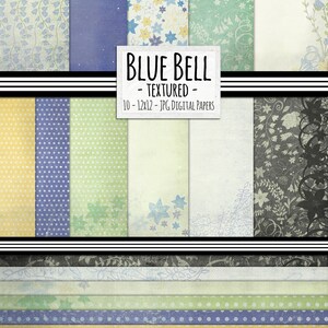 May include: A set of 10 digital paper designs featuring bluebells, floral patterns, and polka dots. The papers are textured and come in a variety of colors, including blue, green, yellow, and white. The papers are 12x12 inches and are perfect for scrapbooking, card making, and other crafting projects.